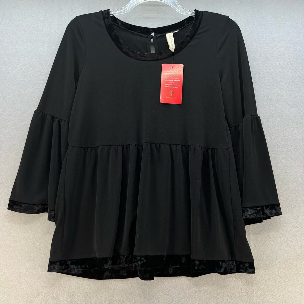 Allison Joy Top Women's M Black Baby Doll Velvet Trimmed Keyhole Collar Barbie